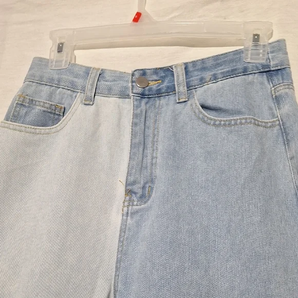 SHEIN Three-Tone Patchwork Light,  Medium, Dark Blue Jeans, High Rise, Wide Leg, - Picture 2 of 13